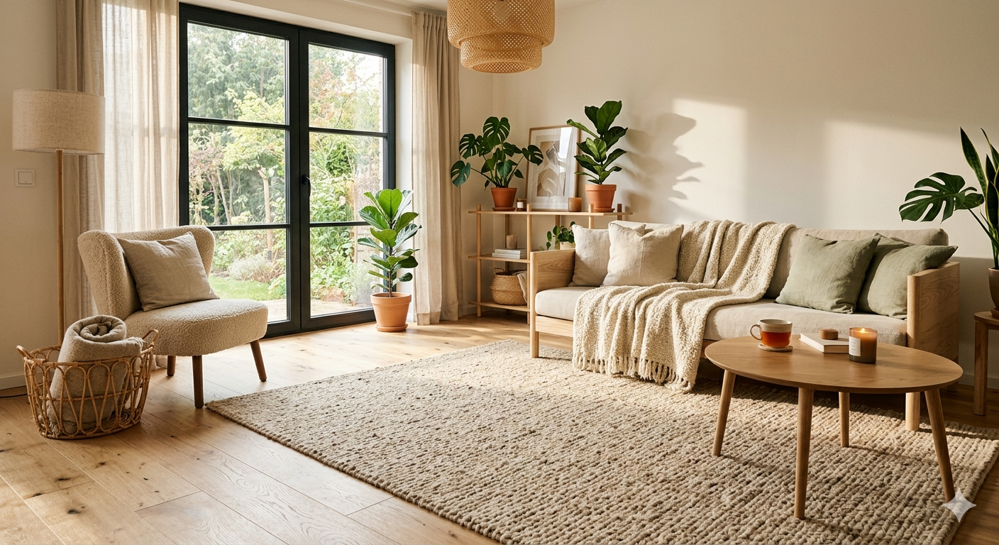 Natural Wollmatten wool mat placed in a modern Scandinavian living room with cozy eco-friendly interior décor.