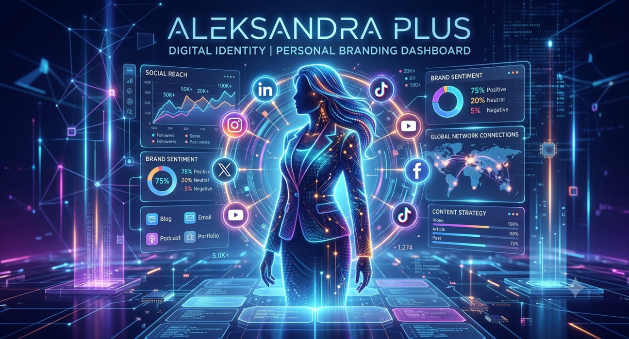 Aleksandra Plus digital identity concept with social media profiles and online branding elements.
