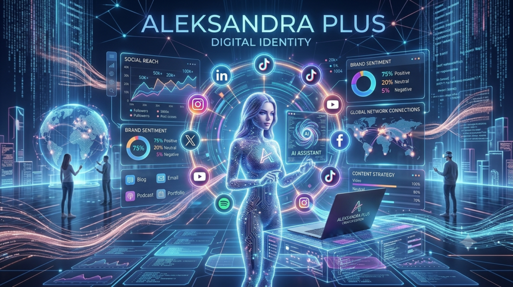 Aleksandra Plus online presence visualization featuring digital networks and personal branding.