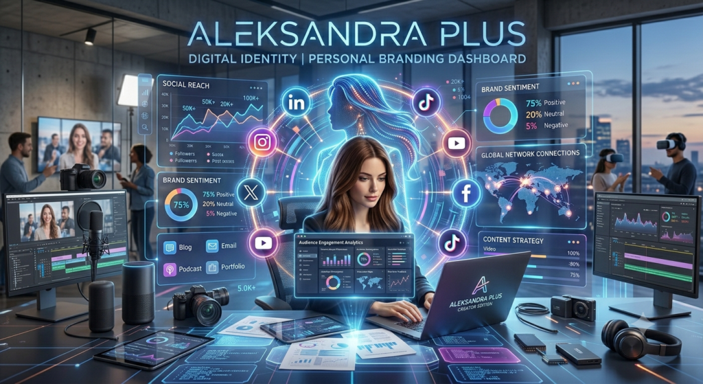 Aleksandra Plus creative digital persona surrounded by social media and branding icons.
