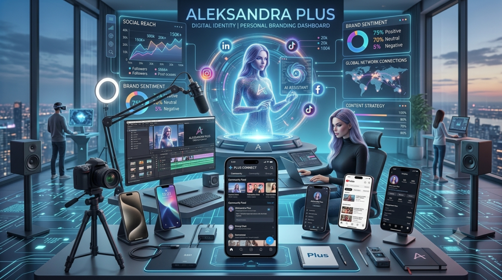 Aleksandra Plus digital branding concept with AI technology and connected online communities.