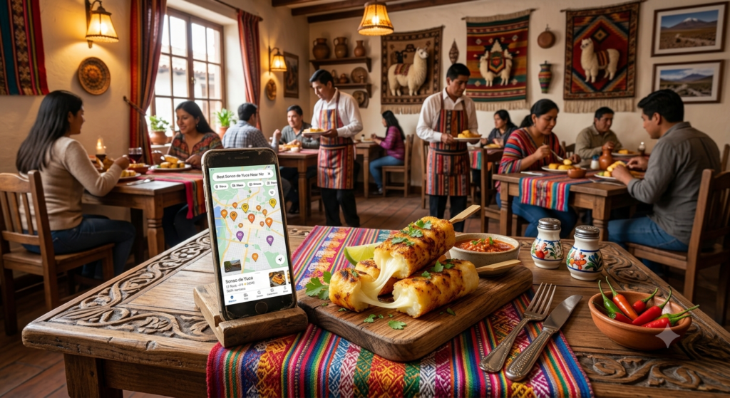 Authentic Bolivian restaurant serving Sonso de Yuca with grilled cassava, melted cheese, and traditional South American décor.