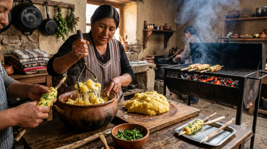 Freshly prepared Sonso de Yuca cooking on a charcoal grill with melted cheese and traditional Bolivian ingredients.