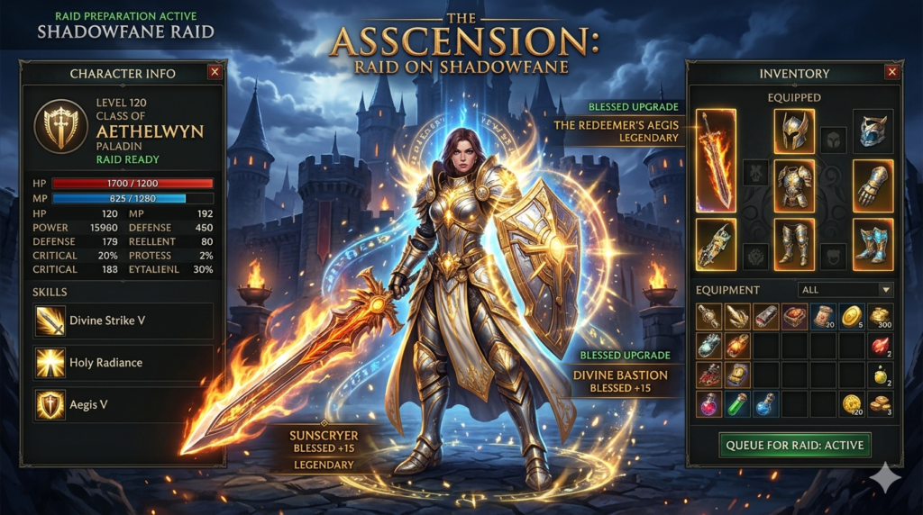 Fantasy RPG character using a Blessed Upgrade Scroll to safely upgrade rare equipment.