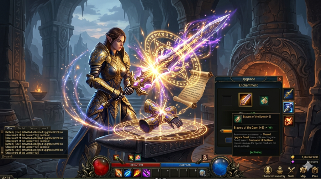 Blessed Upgrade Scroll enhancing a legendary weapon with magical effects in an MMORPG game.