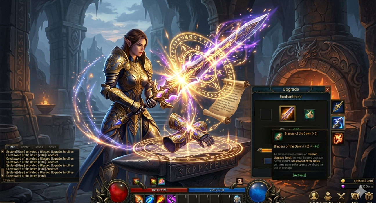 Blessed Upgrade Scroll enhancing a legendary weapon with magical effects in an MMORPG game.