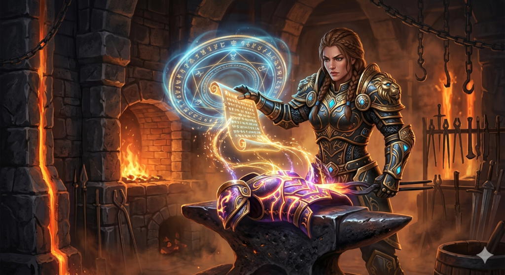 MMORPG upgrade system featuring Blessed Upgrade Scroll mechanics for safe gear progression.