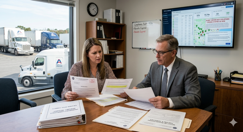 Commercial truck compliance audit showing operator licence records and fleet management documentation.