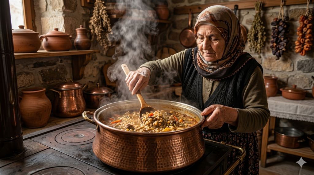 Homemade Cevurı slow-cooking in a traditional Anatolian pot with grains, vegetables, herbs, and rich Turkish flavors