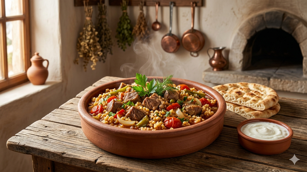 Traditional Turkish Cevurı dish made with bulgur, vegetables, aromatic spices, and tender meat served in a rustic clay bowl