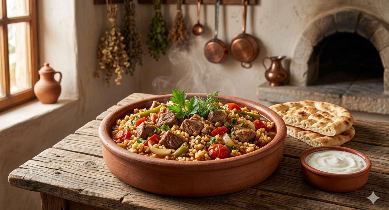 Traditional Turkish Cevurı dish made with bulgur, vegetables, aromatic spices, and tender meat served in a rustic clay bowl