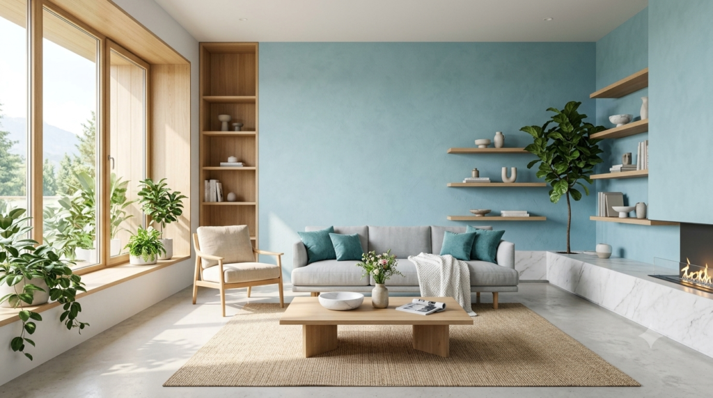 Luxury minimalist interior featuring Cyanová blue-green accents, natural lighting, and contemporary home décor.