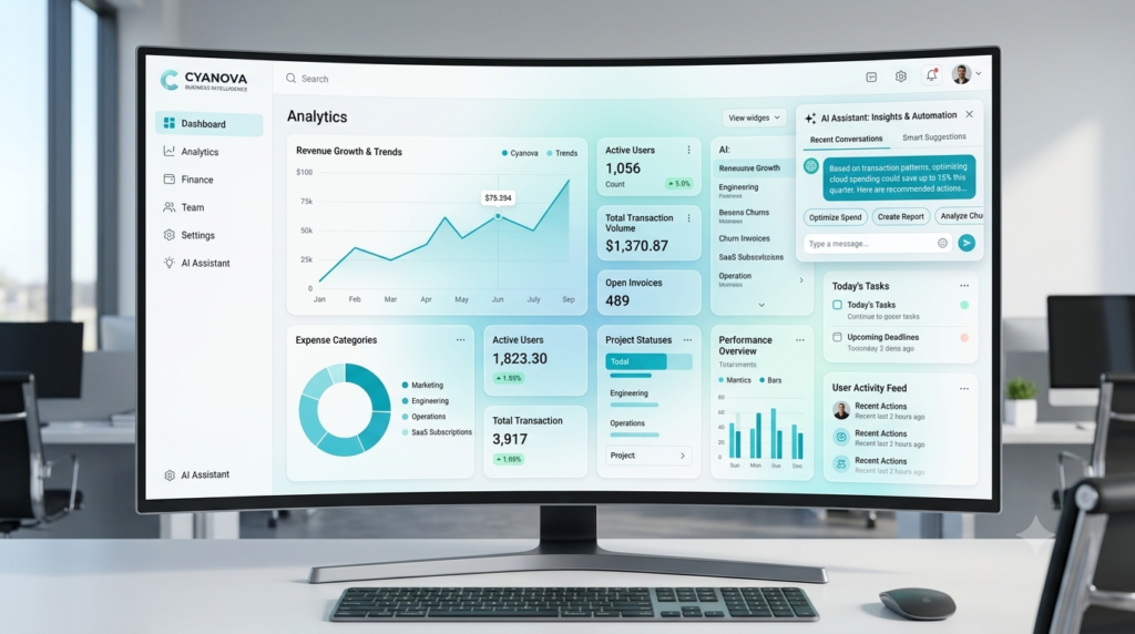 Futuristic Cyanová-themed UI dashboard with modern blue-green interface, analytics, and premium digital design.