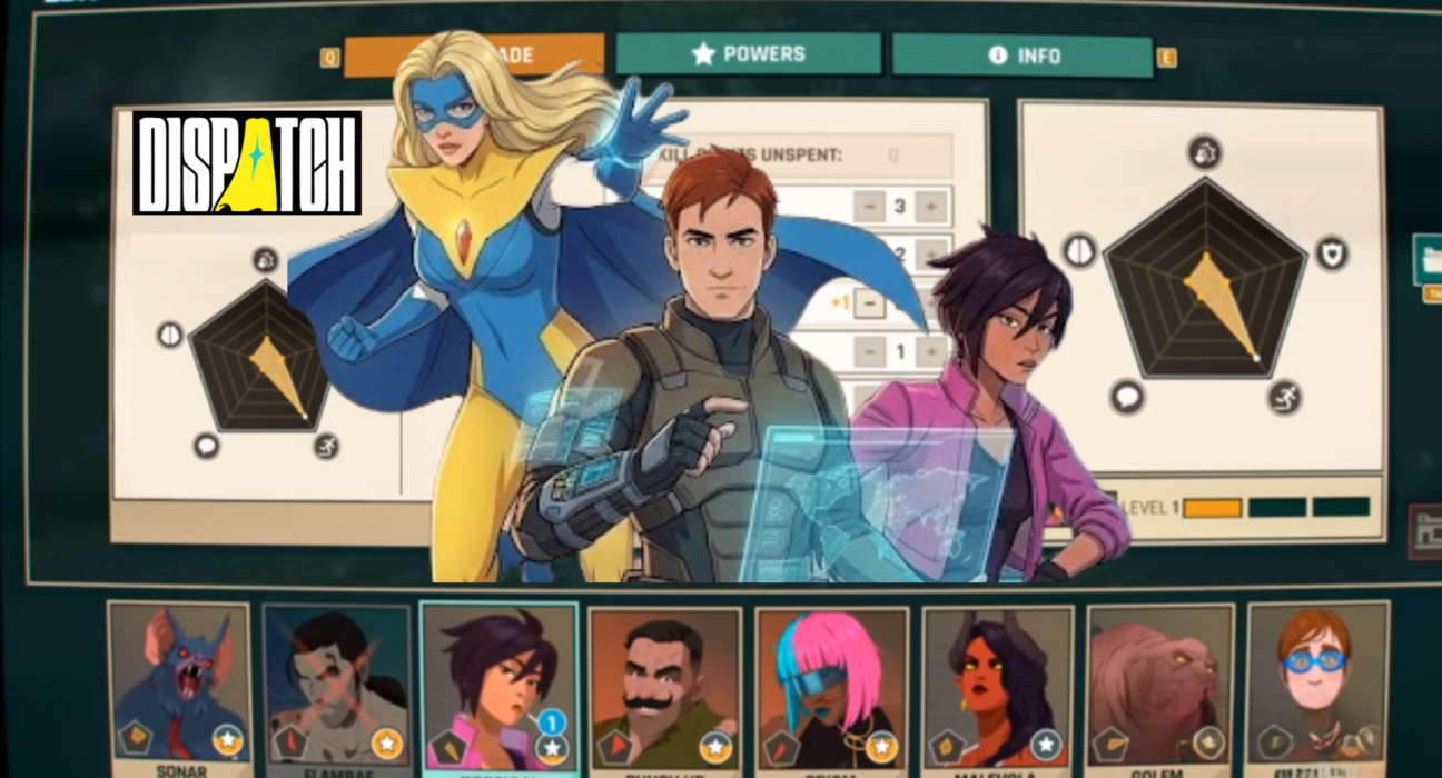 Dispatch Game heroes including Robert Robertson and Invisigal featured in a futuristic superhero management and mission coordination adventure.