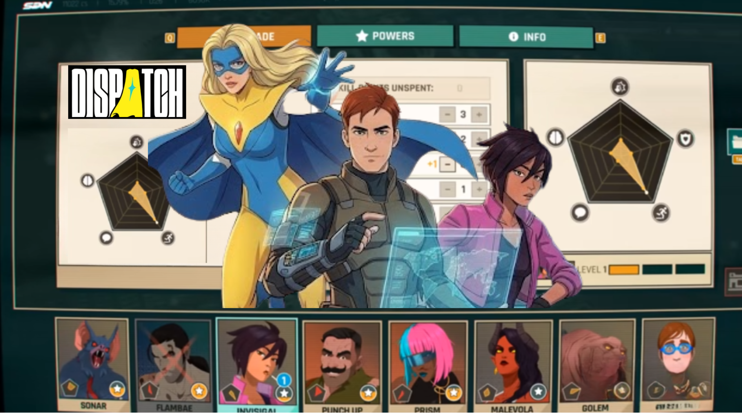 Dispatch Game heroes including Robert Robertson and Invisigal featured in a futuristic superhero management and mission coordination adventure.