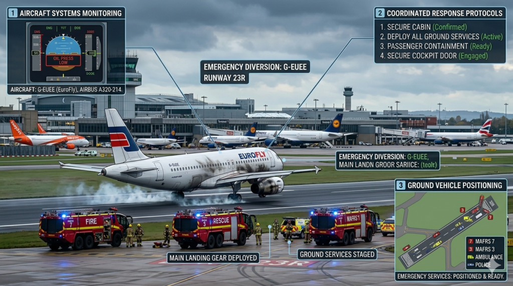 Aviation safety response during the EasyJet Flight U24429 emergency featuring airport emergency services and aircraft operations.