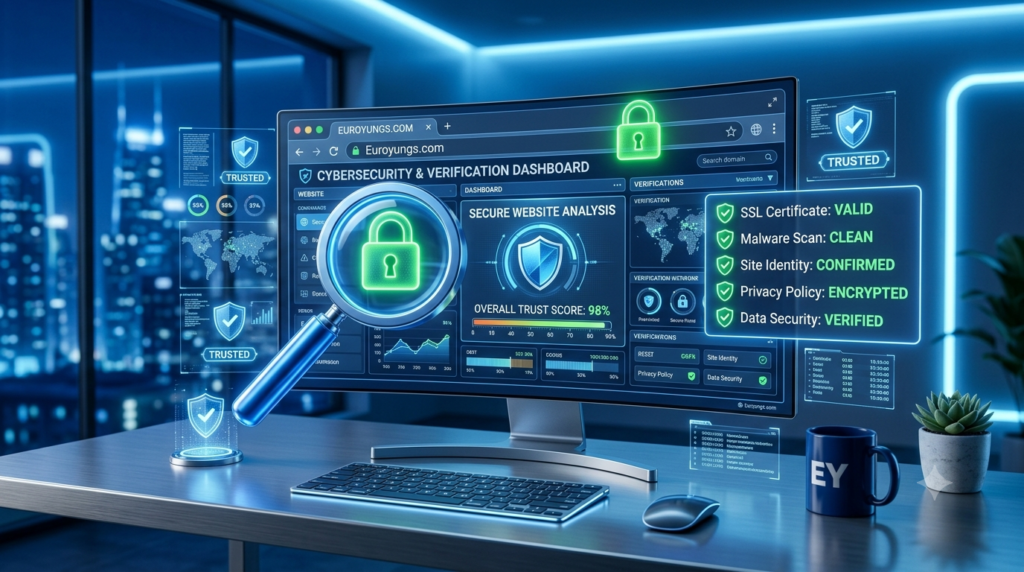 Euroyungs.com website displayed on a laptop with search results, website analysis tools, and digital trust verification concept.