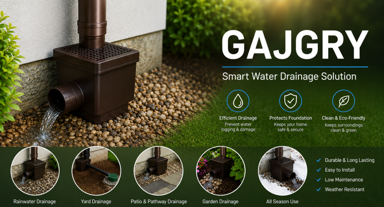 Gajgry rainwater drainage box system infographic showing outdoor yard, patio, and garden water solutions to protect house foundations from flooding.