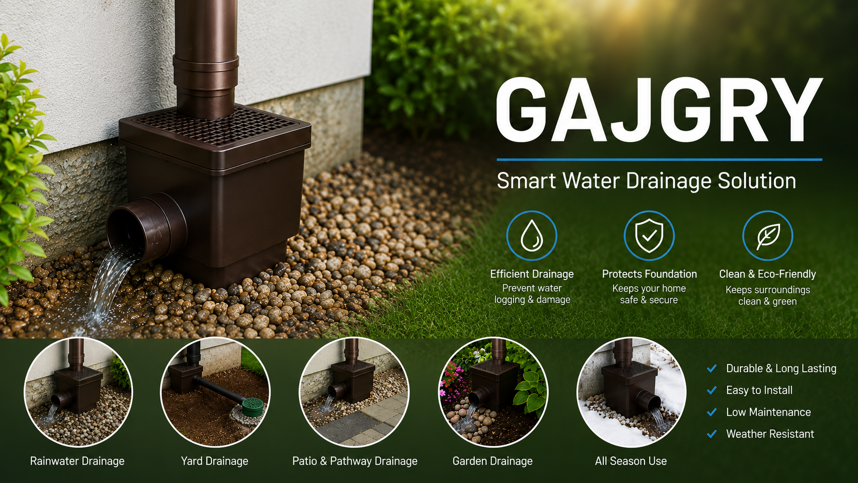 Gajgry rainwater drainage box system infographic showing outdoor yard, patio, and garden water solutions to protect house foundations from flooding.