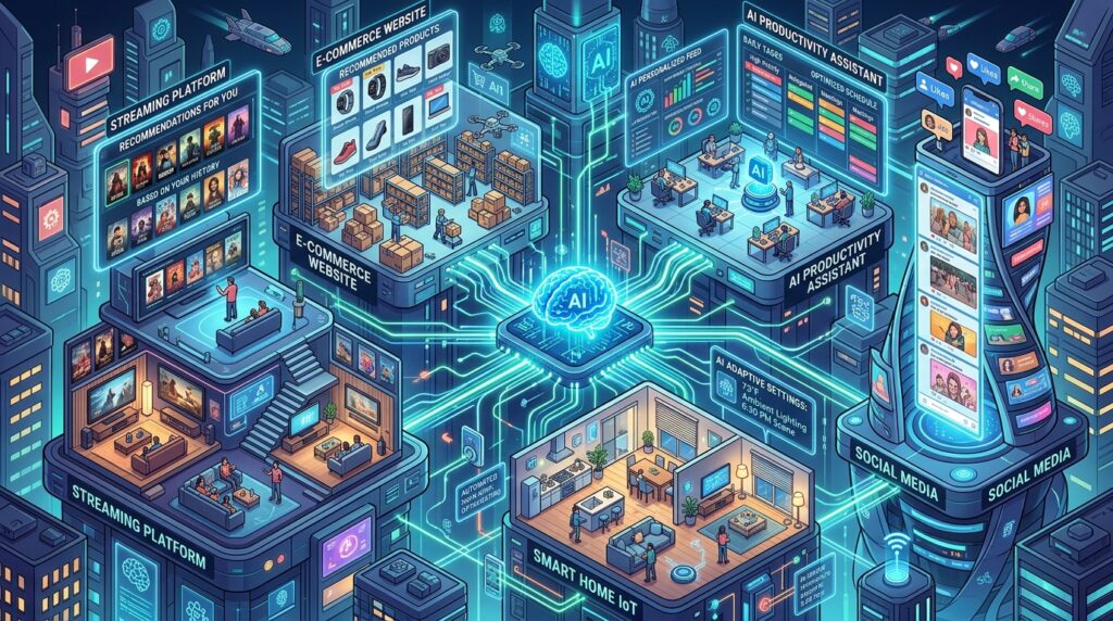 AI-powered digital ecosystem connecting streaming, e-commerce, social media, and smart IoT devices