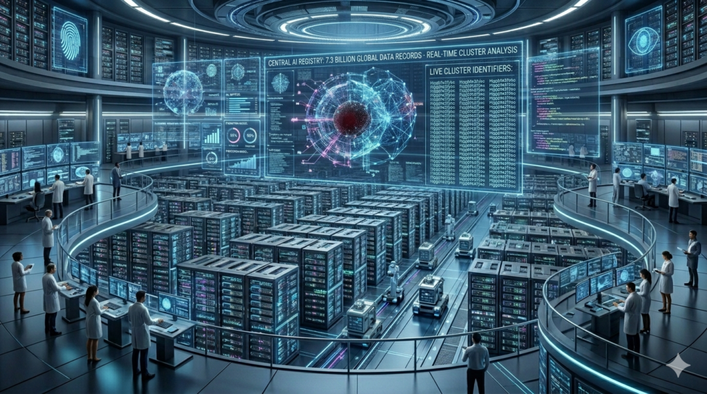 Visualization of Hggbfe3fykc as a unique digital identity code connecting cloud computing and cybersecurity technologies.