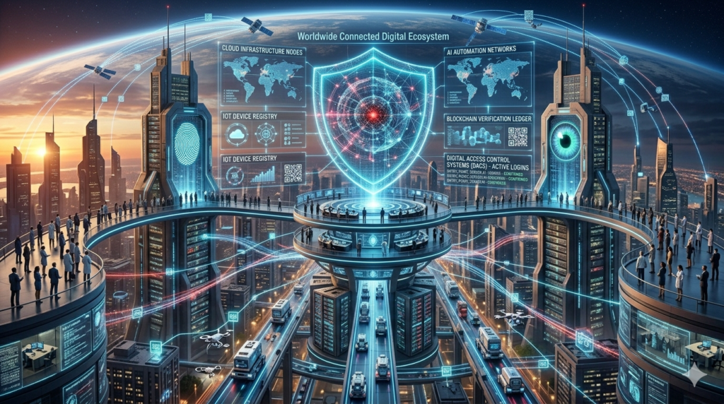 Futuristic technology dashboard featuring Hggbfe3fykc identifier, AI analytics, encrypted data streams, and digital authentication.
