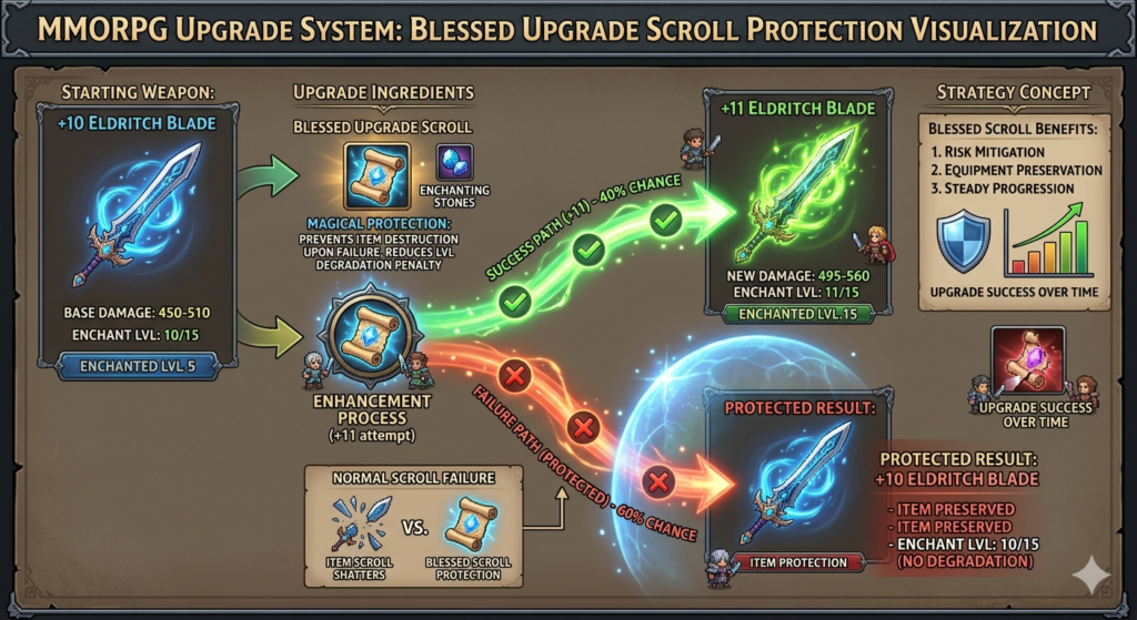 Glowing Blessed Upgrade Scroll protecting high-level gear during equipment enhancement.
