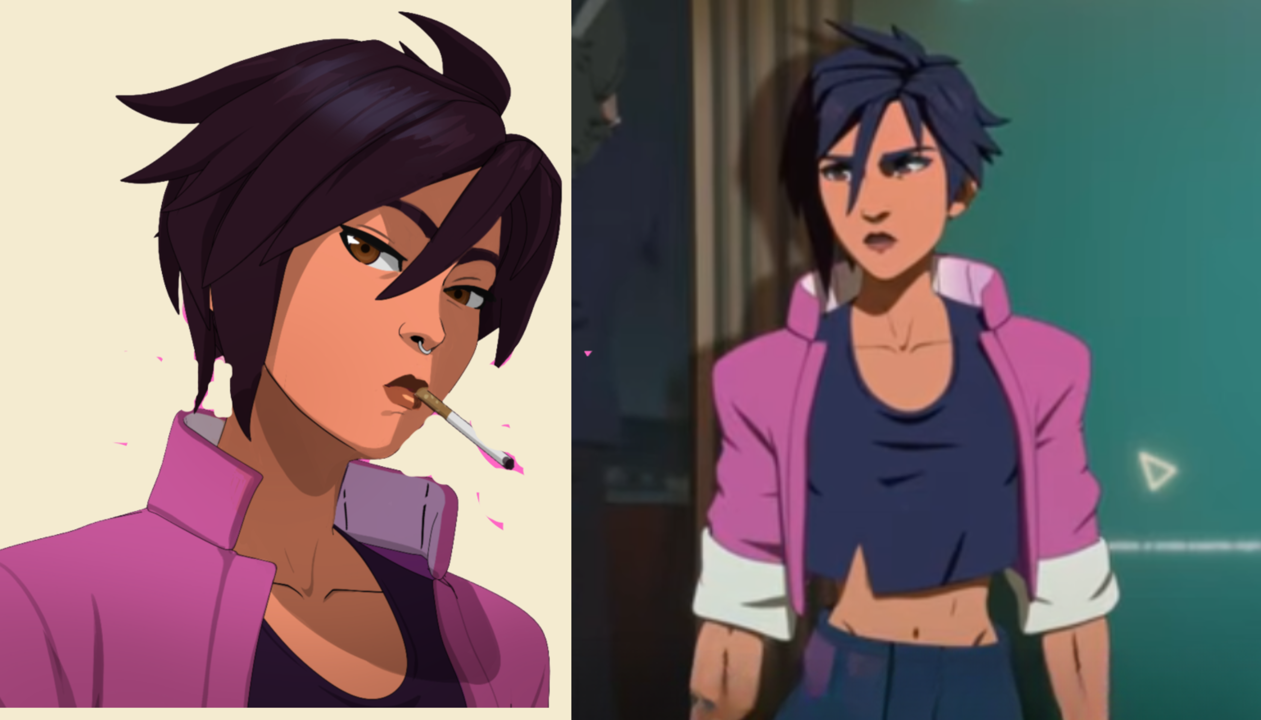 Invisigal from Dispatch standing in a futuristic superhero setting, showcasing her distinctive style and role as a key team member.