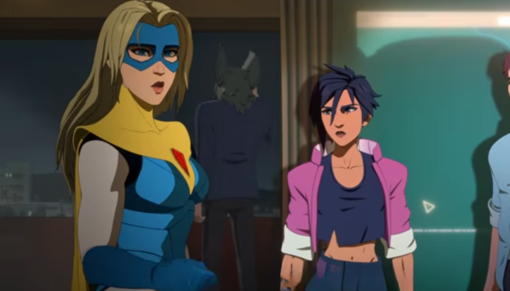 Character artwork featuring Invisigal and Blonde Blazer highlighting redemption, leadership, and personal development in Dispatch
