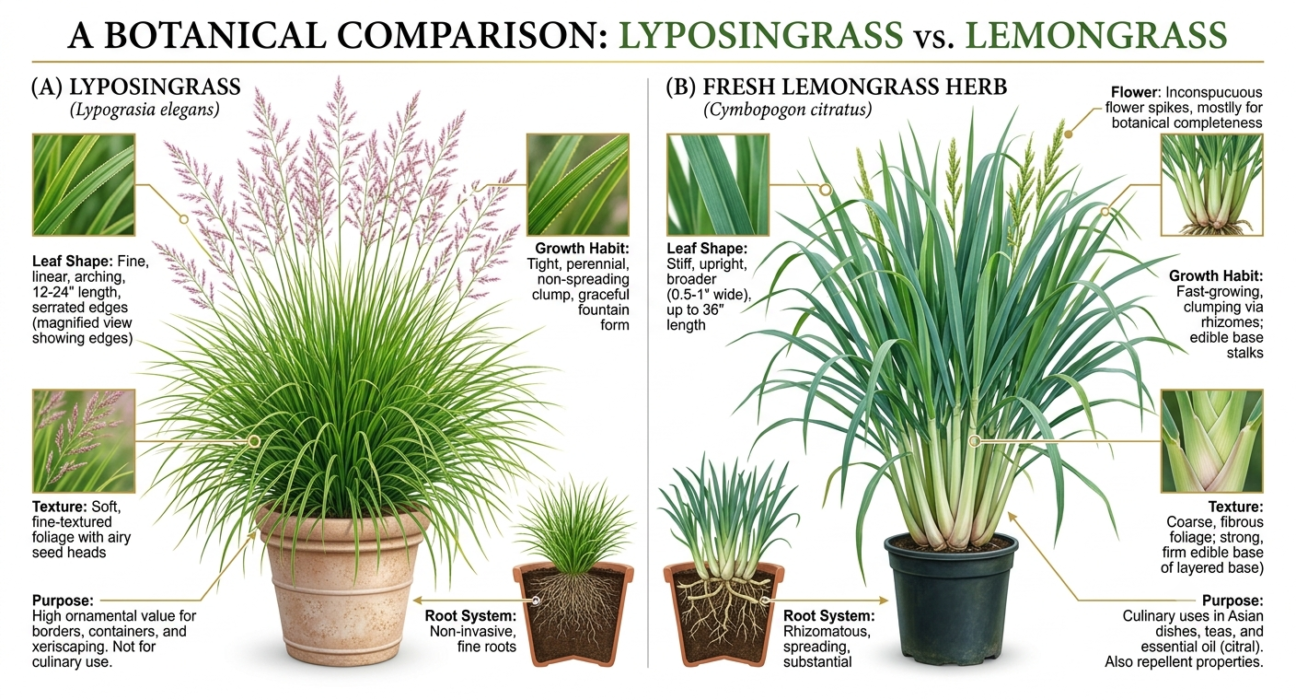 Healthy Lyposingrass ornamental plants growing in a landscaped garden with lush evergreen foliage and natural sunlight.