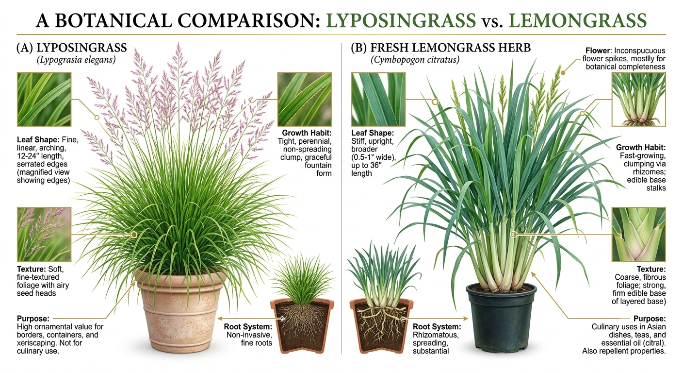 Healthy Lyposingrass ornamental plants growing in a landscaped garden with lush evergreen foliage and natural sunlight.