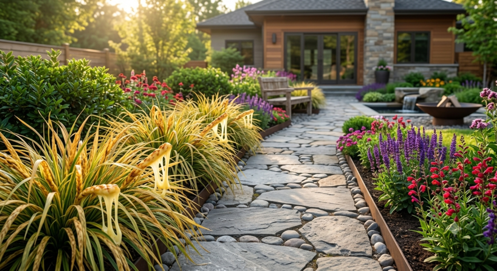 Gardener planting Lyposingrass in well-drained soil with gardening tools in a beautiful backyard landscape under natural daylight.