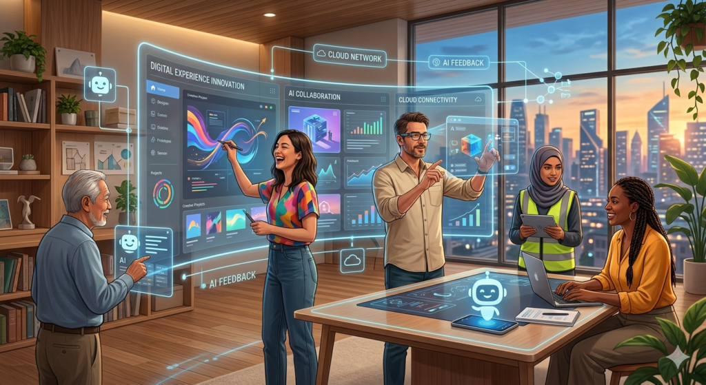 Miuzo innovation concept with connected digital experiences, creative collaboration, and modern branding elements.