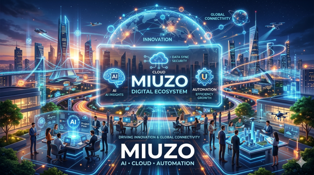 Modern Miuzo digital ecosystem representing creativity, technology, cloud connectivity, and business innovation.