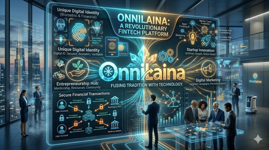Futuristic Onnilaina graphic showing fintech platforms, cloud technology, and digital transformation concepts.