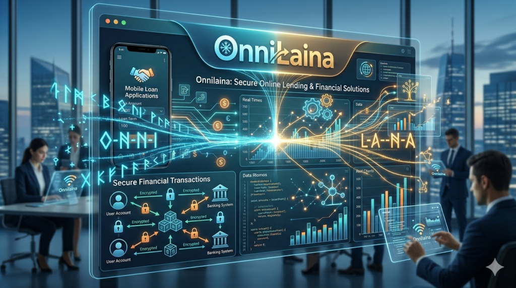 Onnilaina concept illustration featuring digital finance, online lending technology, and modern branding elements.