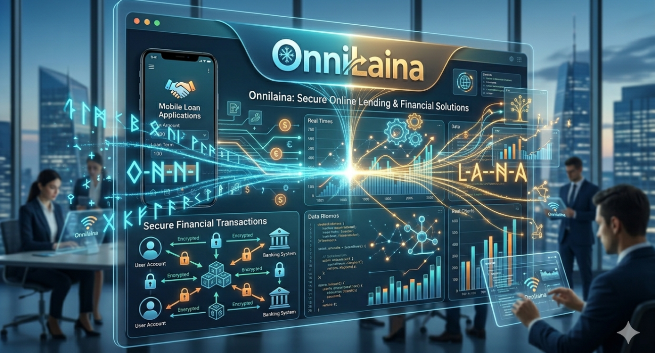 Onnilaina concept illustration featuring digital finance, online lending technology, and modern branding elements.