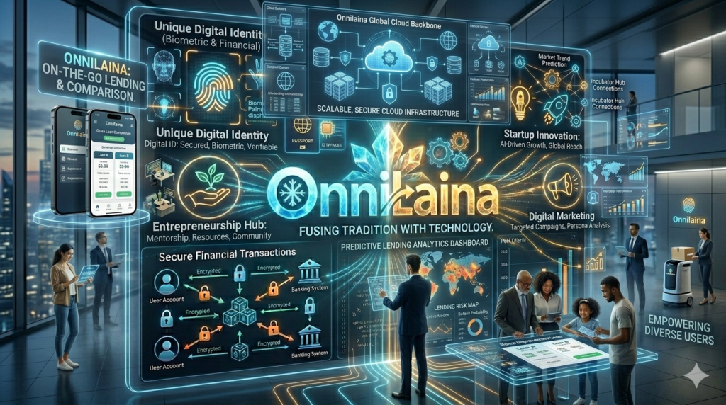 Creative Onnilaina digital branding concept featuring online lending, entrepreneurship, and technology-driven growth.