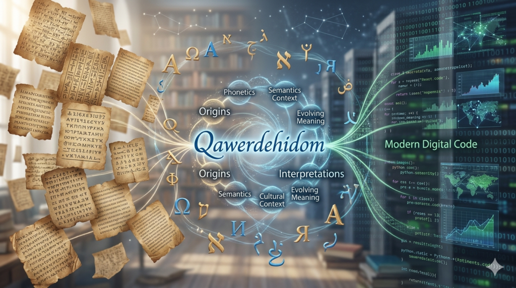 Creative visualization of Qawerdehidom with symbolic patterns, language concepts, and modern digital culture themes