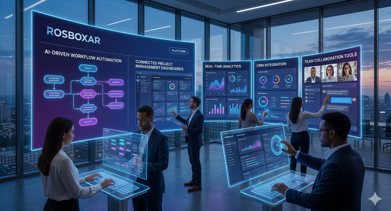 Rosboxar AI-powered workflow automation dashboard with project management and analytics tools