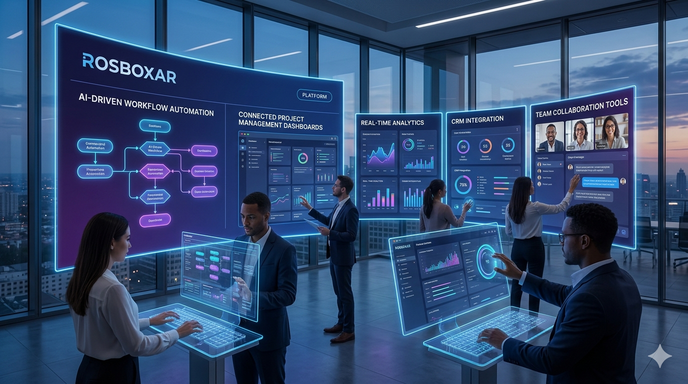 Rosboxar AI-powered workflow automation dashboard with project management and analytics tools