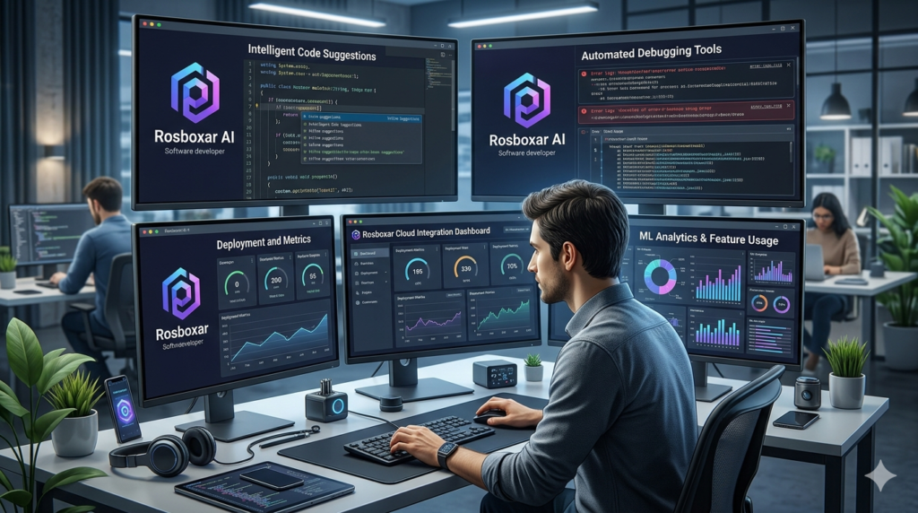 Software developer using Rosboxar AI coding assistance and workflow optimization platform