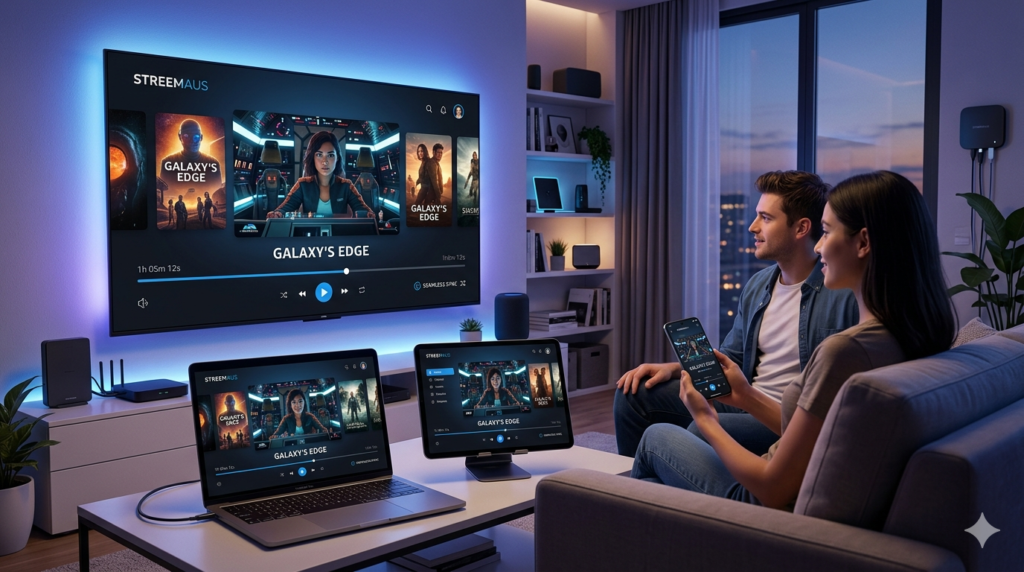 Advanced live streaming control center with video production hardware, streaming software, and real-time audience engagement tools
