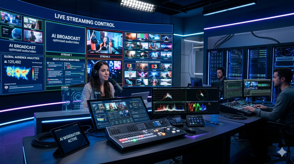 Content creator managing a live stream using a video switcher, camera display, and laptop-based streaming platform.