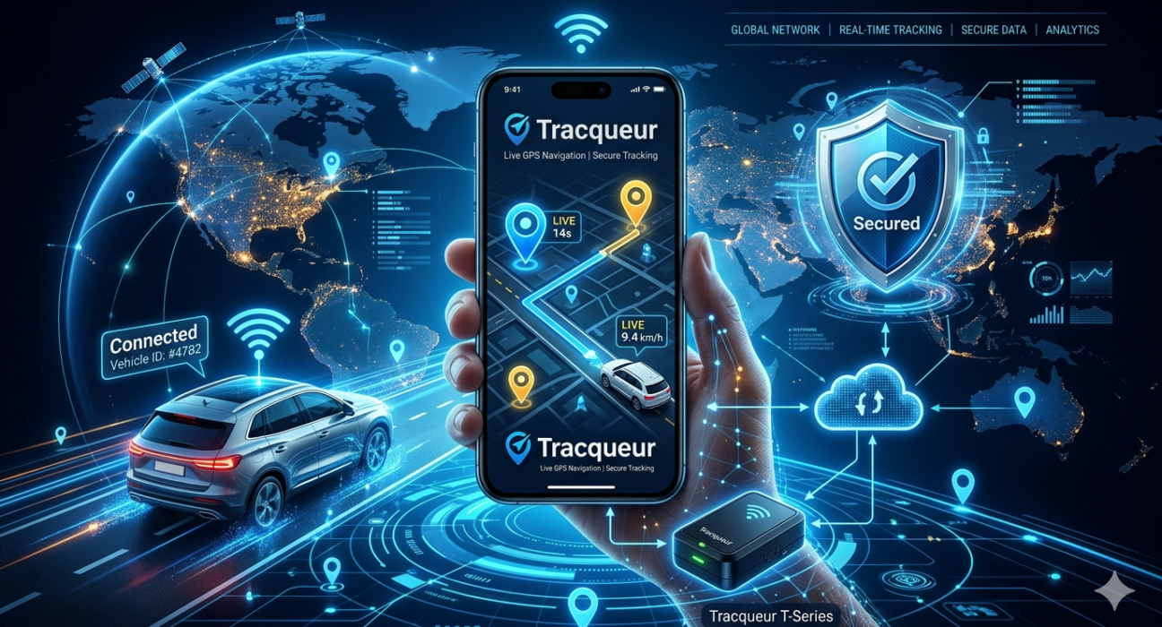 Tracqueur smart tracking system showing GPS location monitoring on a mobile device with real-time tracking technology.