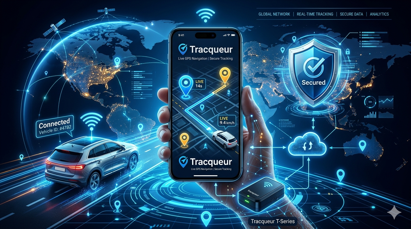 Tracqueur smart tracking system showing GPS location monitoring on a mobile device with real-time tracking technology.