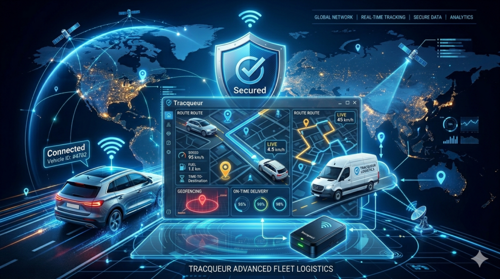 Modern Tracqueur dashboard displaying GPS tracking, asset monitoring, and digital location analytics.