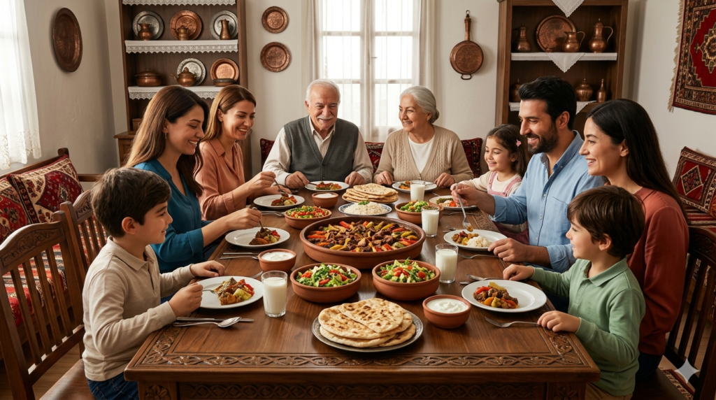 Turkish family enjoying Cevurı during a traditional meal showcasing Anatolian food culture and culinary heritage