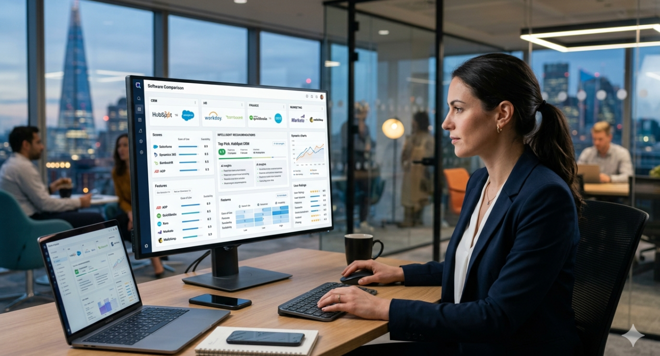 Troozer business software comparison dashboard featuring AI recommendations, service ratings, and digital decision-making tools.