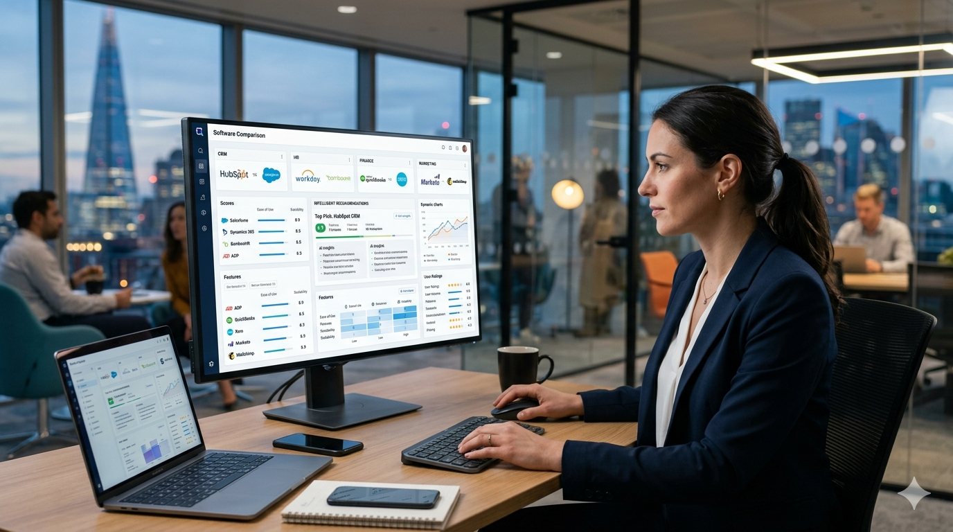 Troozer business software comparison dashboard featuring AI recommendations, service ratings, and digital decision-making tools.